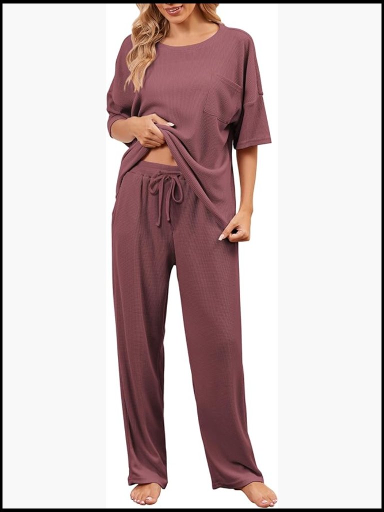 Waffle Knit Pajama Set Short Sleeve Top Long Pants Lounge Sleepwear